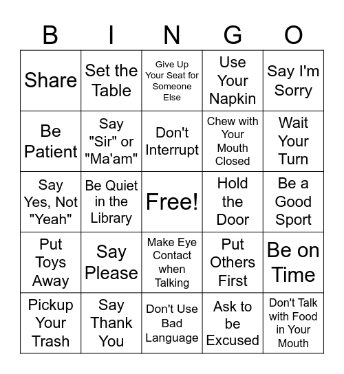 Manners Bingo Card