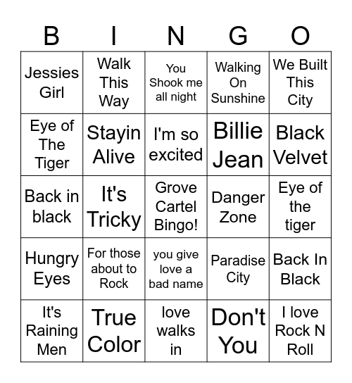 80s Rock Hits Bingo Card