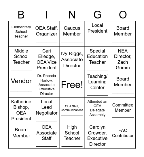 This is your own unique bingo card. A person's name can only be on your card one time. If a signature line isn't on a square, you only need to find that particular person. Bingo Card