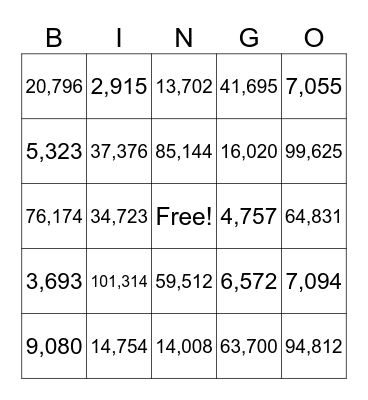 4 and 5 digit addition Bingo Card
