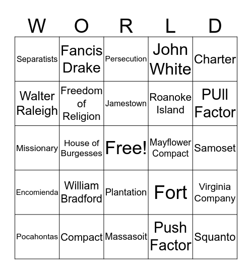 Colonization and Settlement Bingo Card