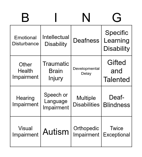 Exceptionalities Bingo Card