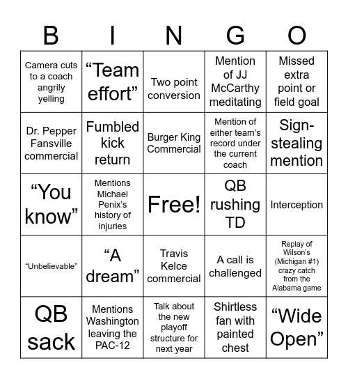 Michigan vs Washington Bingo Card