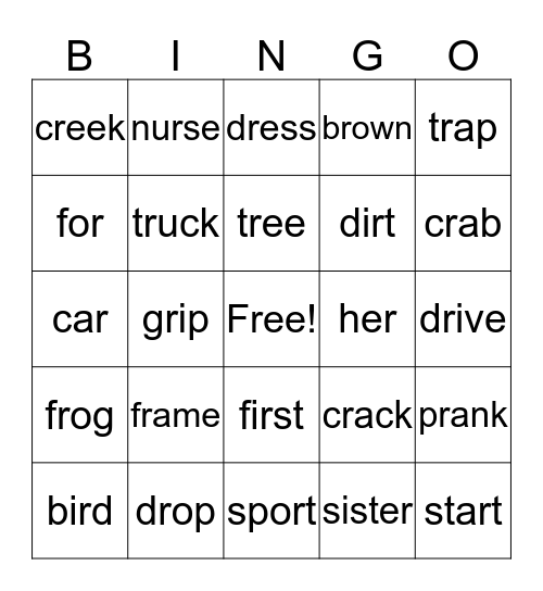R Blend and R-Controlled Vowel Bingo Card