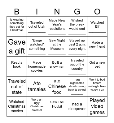 Winter Break Bingo Card