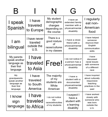 Diversity BINGO Card