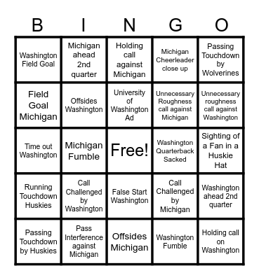 Huskies v Wolverines Bingo Card