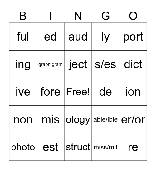 Morpheme BINGO Card