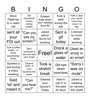 Power Half Hour Bingo Card