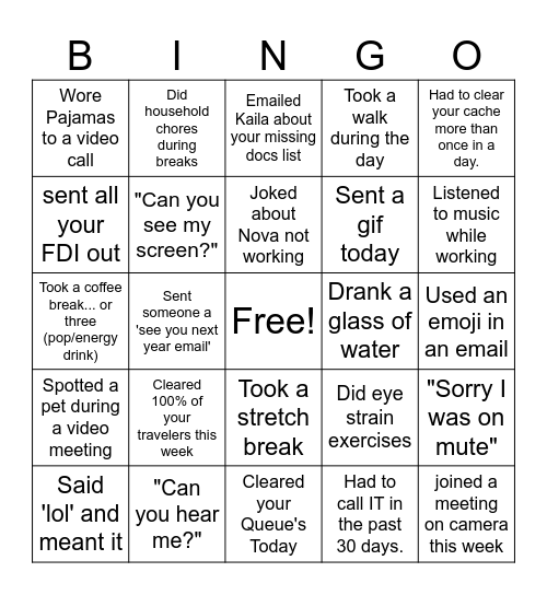 Power Half Hour Bingo Card