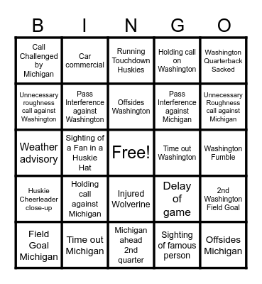 Huskies v Wolverines Bingo Card
