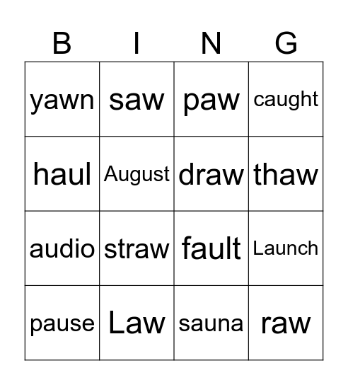 Aw and Au Words Bingo Card