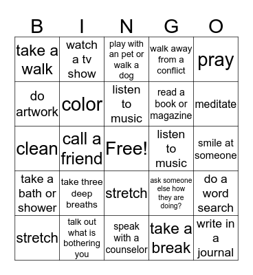 Coping Skills Bingo  Bingo Card