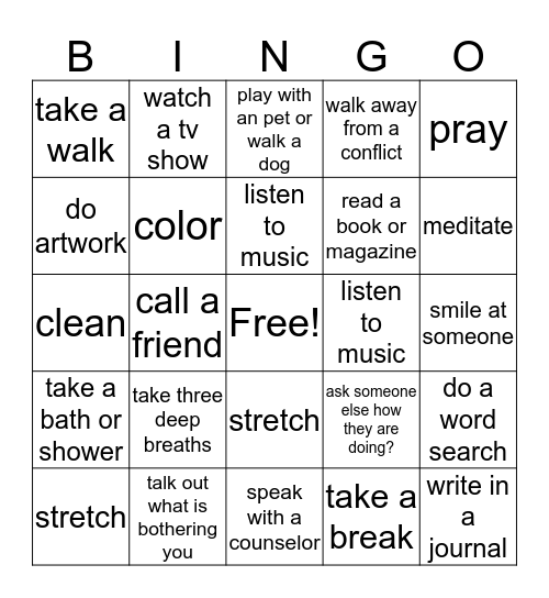 Coping Skills Bingo  Bingo Card