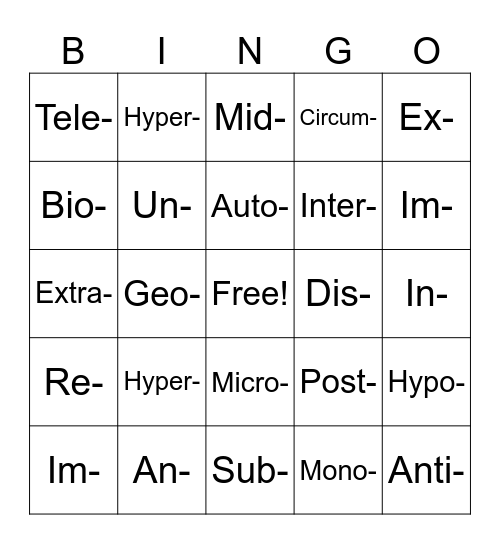 Morphology Bingo Card