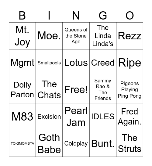 Bonnaroo 24 Bingo Card