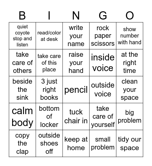 Classroom Routines Bingo Card