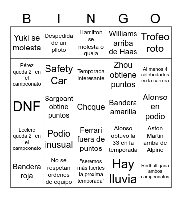 F1 2024 Bingo Card