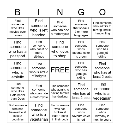 GET TO KNOW YOU Bingo Card