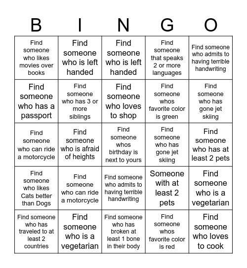 GET TO KNOW YOU Bingo Card