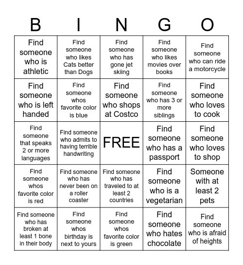 GET TO KNOW YOU Bingo Card