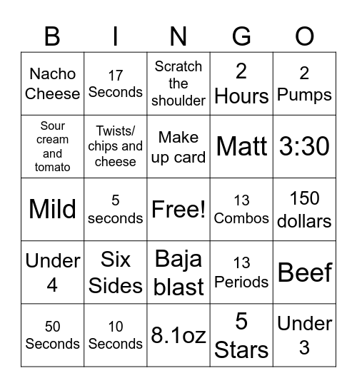 Taco Bell Bingo! Bingo Card