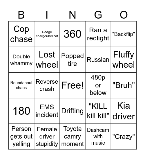 Car crash bingo Card
