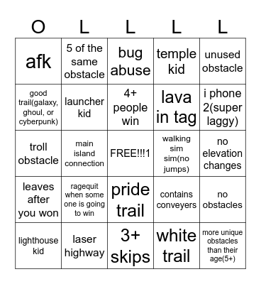 obby leader obbies bingo Card