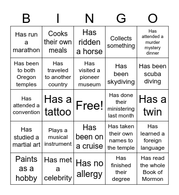 YSA Human Bingo Card