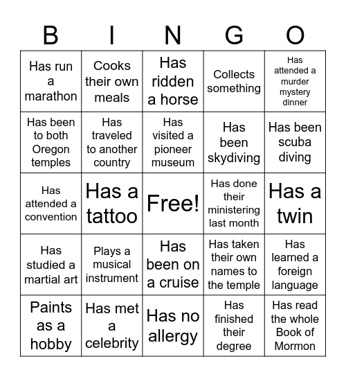 YSA Human Bingo Card