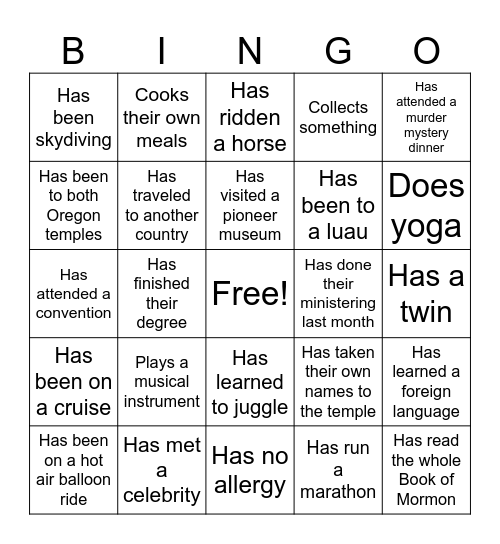 YSA Human Bingo Card