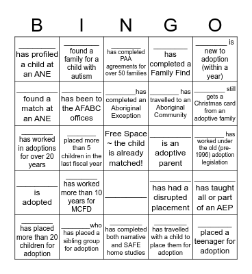 Permanency Bingo Card