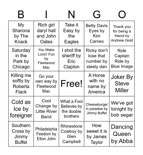 Music Bingo 70s Rock Rnd 2 Bingo Card