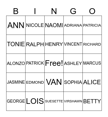 FAMILY NAMES Bingo Card