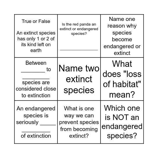 Endangered vs Extinct Bingo Card