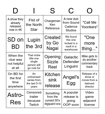 Discotek Day Stream Bingo Card