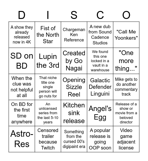 Discotek Day Stream Bingo Card