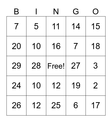 Winter Break Bingo Card