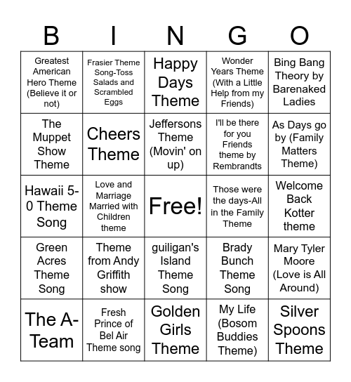 Music Bingo Round 3 TV Theme Songs Bingo Card