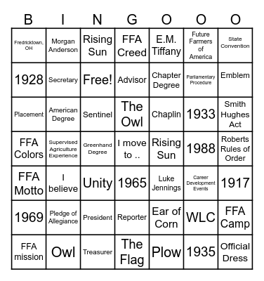 FFA Review Bingo Card