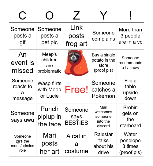 Cozy Corner Bingo Week 1 Bingo Card