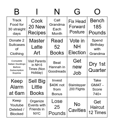 New Years Resolutions 2024 Bingo Card