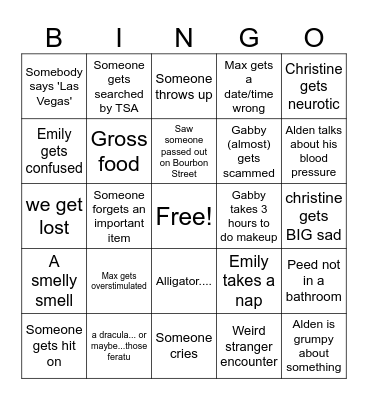 Nola Trip Bingo Card