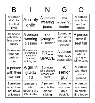 YOUNG LIFE PEOPLE BINGO Card