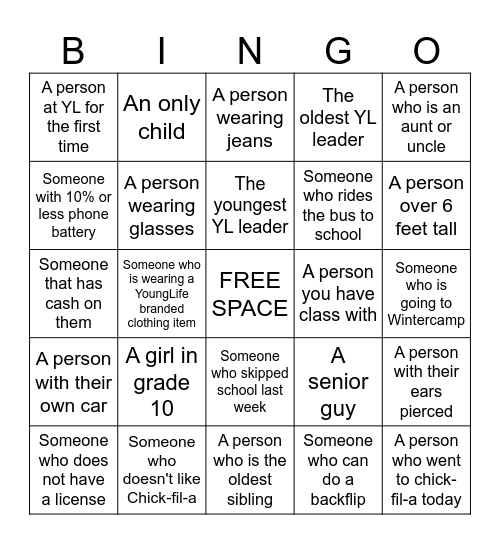 YOUNG LIFE PEOPLE BINGO Card