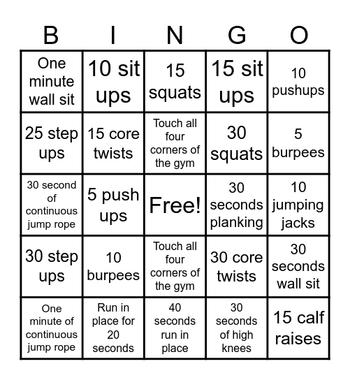 Southgate Fitness Bingo Card