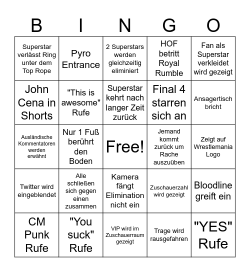 Royal Rumble 2024 Bingo Card