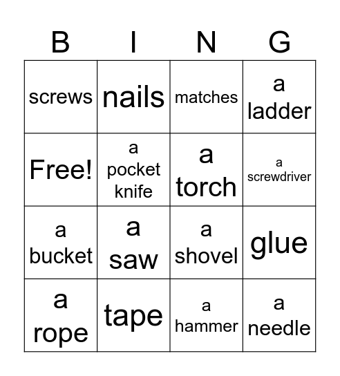 Tools Bingo Card