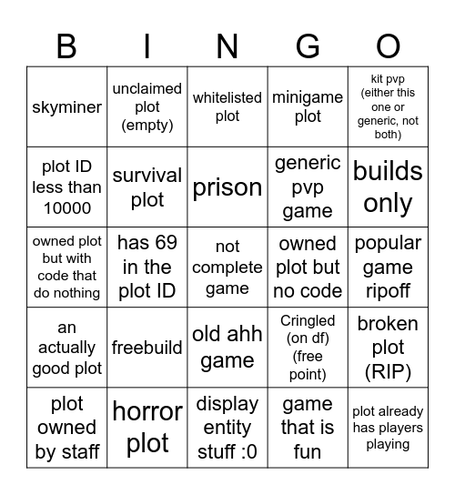 Plot roulette (/join 37246) ON DIAMONDFIRE Bingo Card