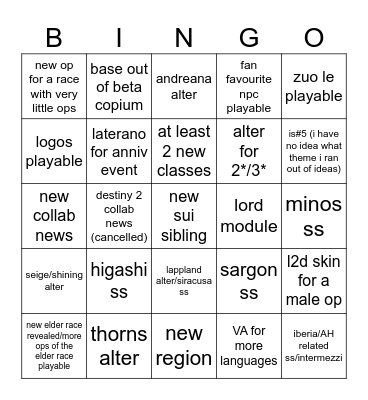 arknights 2024 bingo Card